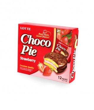 Пирожное в шоколадной глазури "Lotte Choco Pie" с клубничным вкусом.category.Aziatskie-produkty-pitaniya